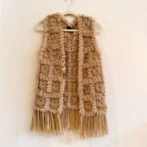 Love Token Rabbit Fur Crochet Granny Square Fringe Vest Tan Beige XS Boho